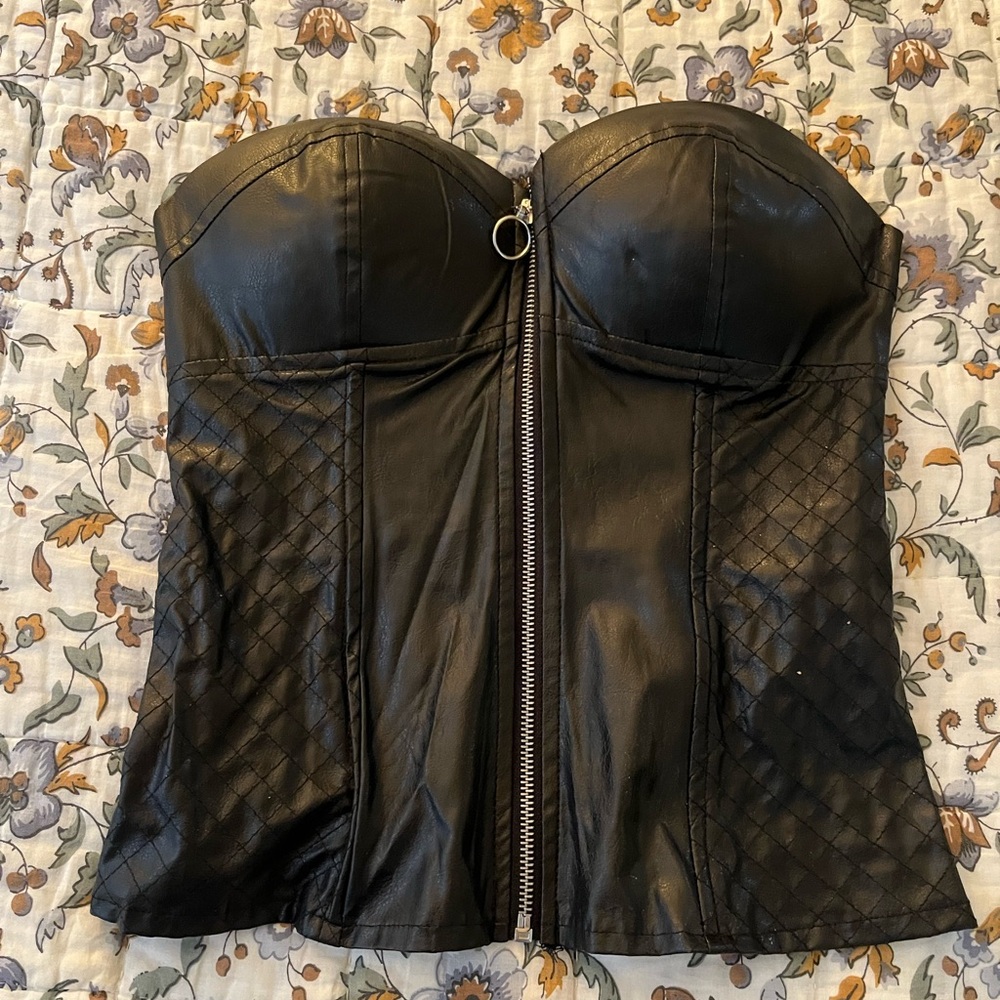 Faux Leather Strapless Zip-Front Bustier Jacket - Black Charolette Russe Size Sm